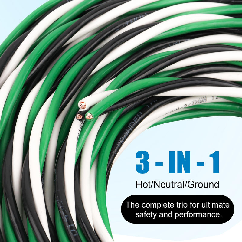 12 AWG THHN Wire 3-Conductor (Black/White/Green) – Stranded Copper, THHN/THWN-2 Rated 600V, Nylon Jacket for Indoor/Outdoor, Residential, Commercial & Industrial Wiring (25 FT) 25FT
