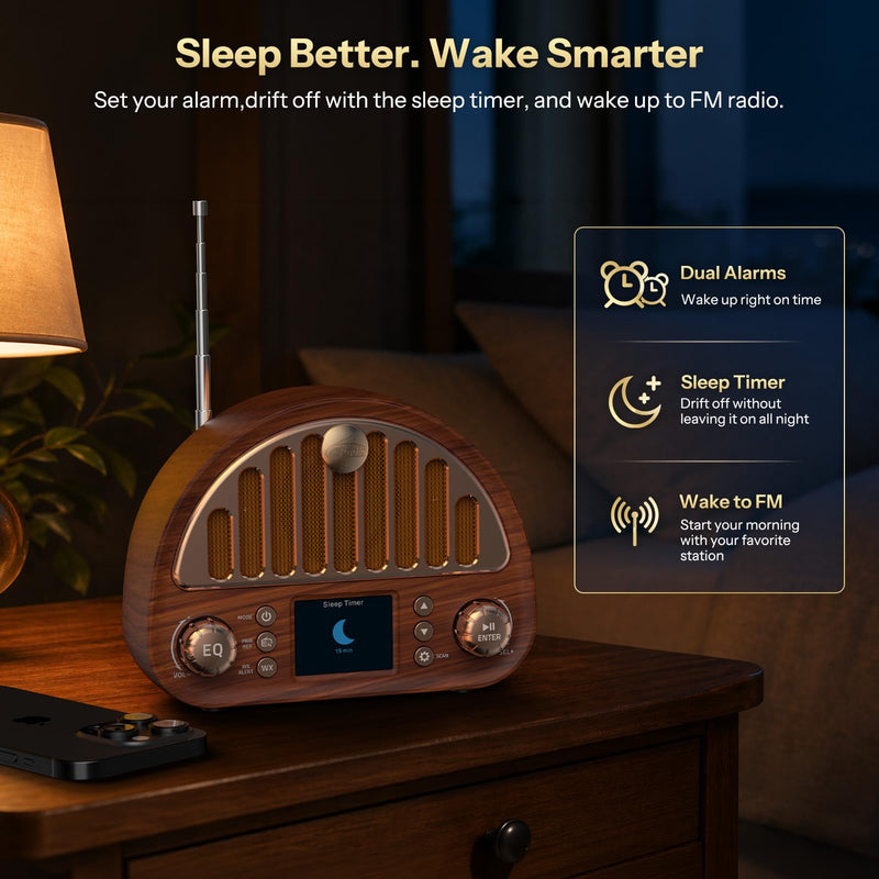Retro FM Radio with Bluetooth Speaker & NOAA Weather Alert | 40 FM Presets + 7 Weather Bands, 2" Color Display, Dual Alarm, Rechargeable Battery, MicroSD Playback for Home & Office