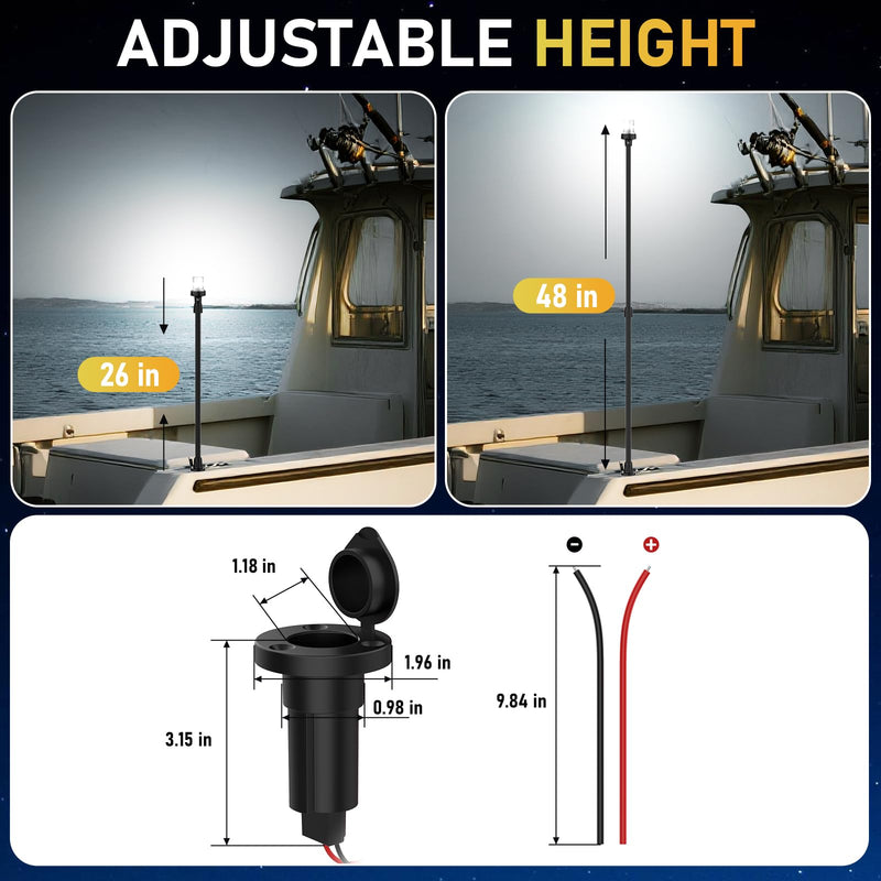 Stern Light Boat Anchor Light, 26"–48" Telescoping Pole Boat Lights with Base, Marine Navigation Lights for Boats LED, for Pontoon, Fishing, Bass & Jon Boats, 12–24V (Black) Black
