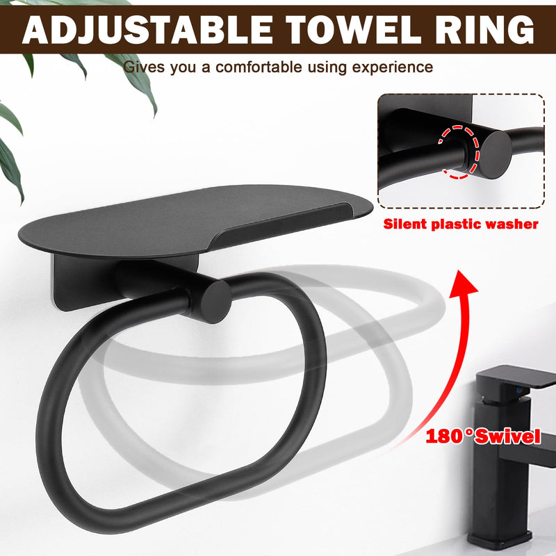 Hand Towel Ring with Shelf, Stainless Steel Hand Towel Holder, Heavy Duty Bath Accessories, Wall Mounted Towel Hanger for Bathroom Kitchen (Matte Black) Matte Black
