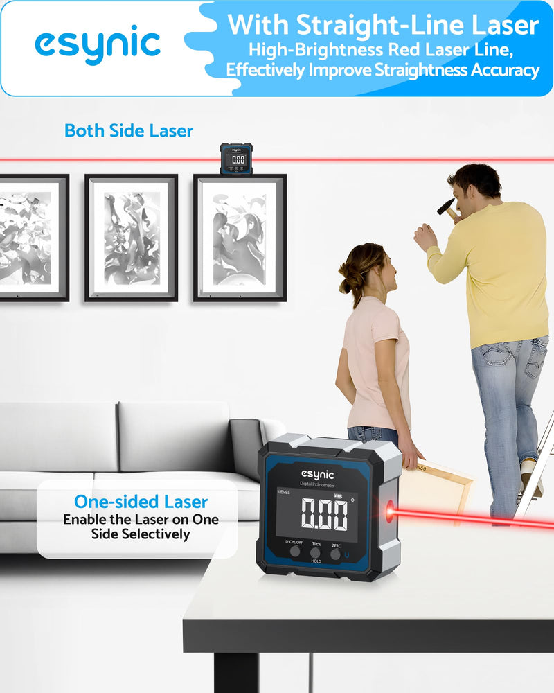 eSynic High Precision Digital Angle Finder with Laser-USB-C Rechargeable-4 Sides Magnetic Digital Angle Gauge-Rugged Aluminum Alloy Frame-for Construction (Laser Level: Class II Output: 0.51mW)