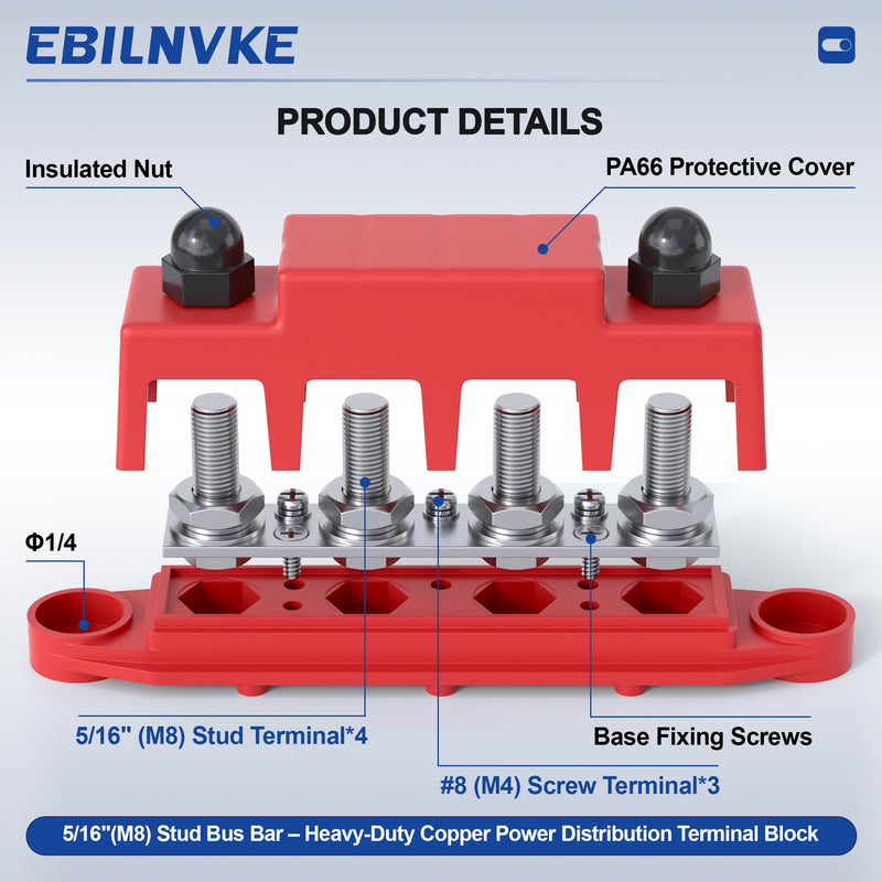 Bus Bar 12V 250A Power Distribution Block 4 x 5/16"(M8) Studs | Marine Bus Bar, 12 Volt Battery Busbar, Terminal Block, Automotive, Car, Boat, Solar Wiring, Positive & Negative Red&Black 250A 4 x 5/16(M8) Studs