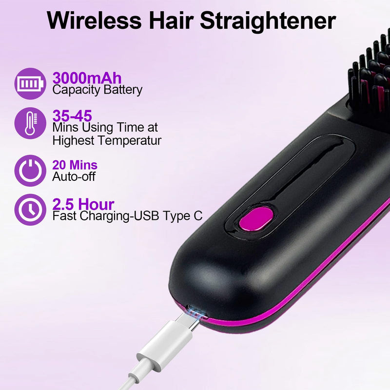Go Brush Pro 2026 UK, Cordless Ceramic Heated Hair Straightening Comb, 3 Heat Settings & LED Screen & USB Rechargeable, Hair Straightener Brush for Short Hair Styler, Travel Portable