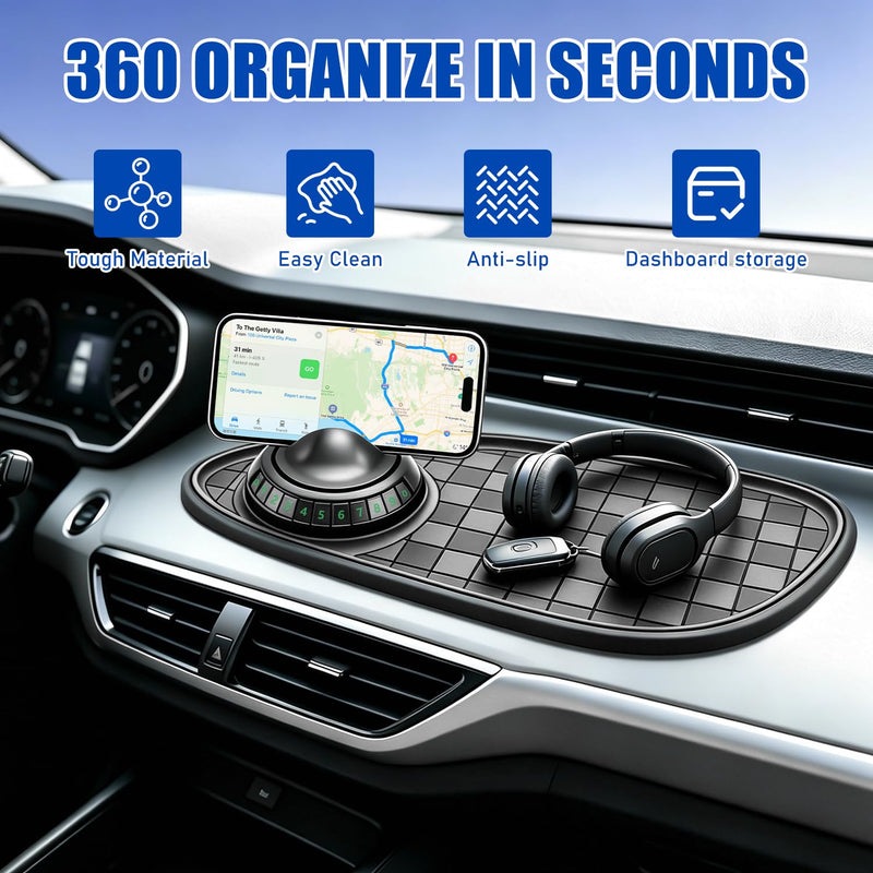 Multifunctional Car Anti-Slip Mat,With360° Rotating Adjustable Phone Holder and Temporary Parking License Plate Holder; Can Store Mobile Phones, Keys, Sunglasses and Other Items (Black and Gray) Black and Gray