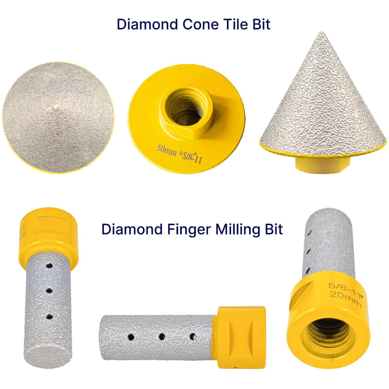 2" Diamond Cone Tile Bit, 4/5" Diamond Finger Milling Bit, 3/8" Hex Shank | Diamond Beveling Chamfer Bit Set, 5/8"-11 Thread, for Beveling, Chamfering, Enlarging, Trimming in Tile Ceramic Stone 2"(50mm)+0.8"(20mm)