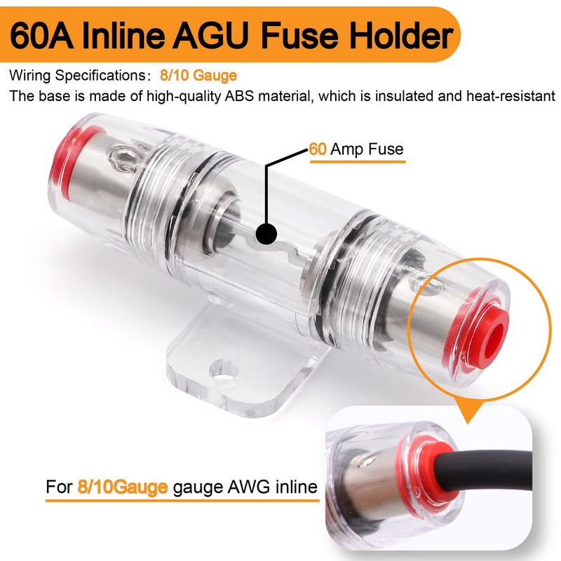 8 Gauge Wire (50ft Each- Black/Red) Copper Clad Aluminum CCA,60A AGU Fuse Holder,20pcs Lugs Terminal Connectors and 2:1 Heat Shrink Tube for Power/Auto,Amplifier,Ground Cable 100FT+60A fuse holder