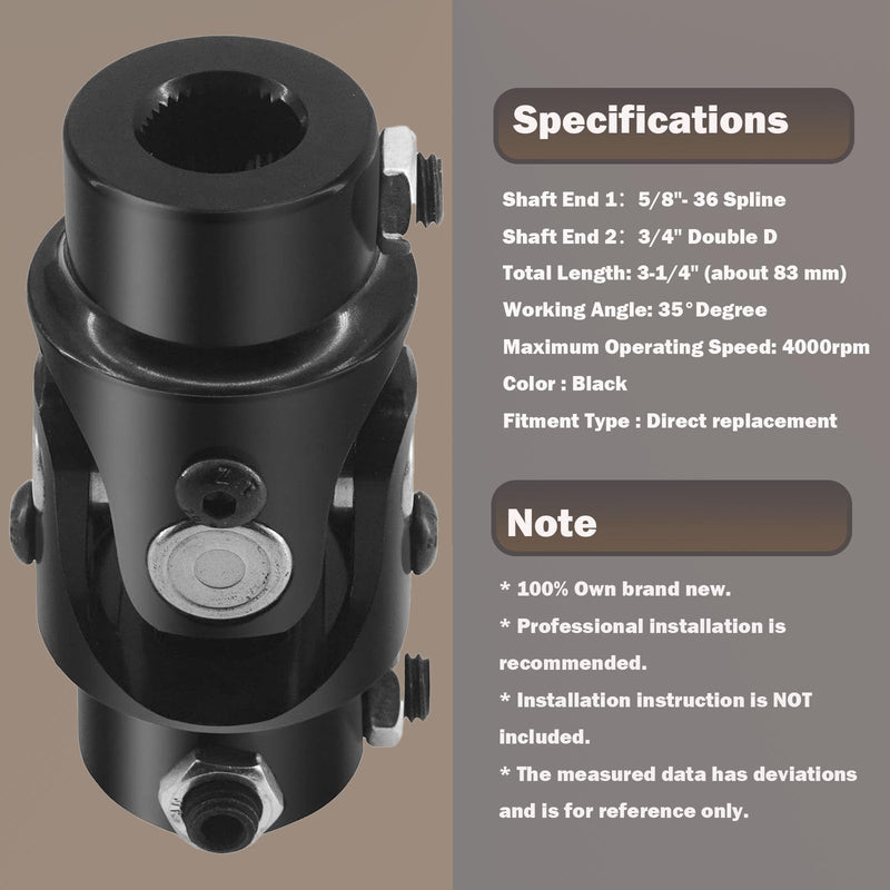 5/8"- 36 Spline x 3/4" DD U Joint Universal Steering Shaft U Joint Coupler Max Angle 35 Degree (3-1/4") 83mm Black 5/8"- 36 Spline x 3/4" DD 1