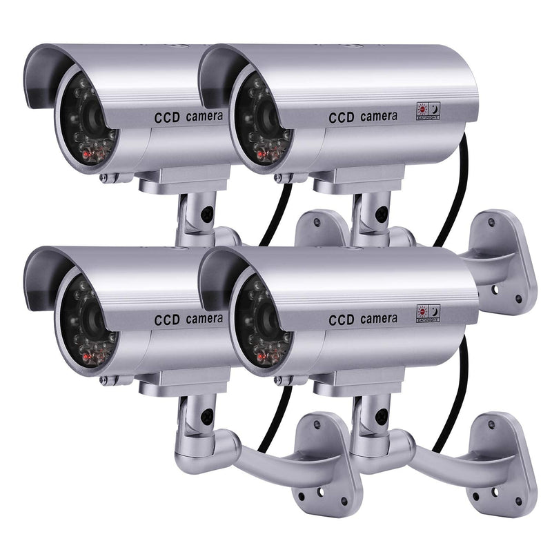 FITNATE Dummy Security Camera, 4 Packs Fake Surveillance Security CCTV Camera System with LED Red Flashing Light for Both Indoor & Outdoor Use + Security Camera Warning Stickers × 4 (Silver)