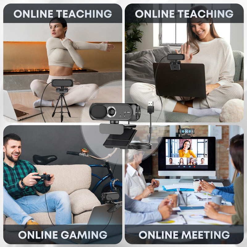 1080P HD Webcam with Microphone, Noise Cancellation, Privacy Cover, Wide-Angle Lens, Auto Light Correction, Plug & Play USB Webcam for Laptop, Desktop, PC, Mac, Zoom, Skype, Streaming (Black) Black