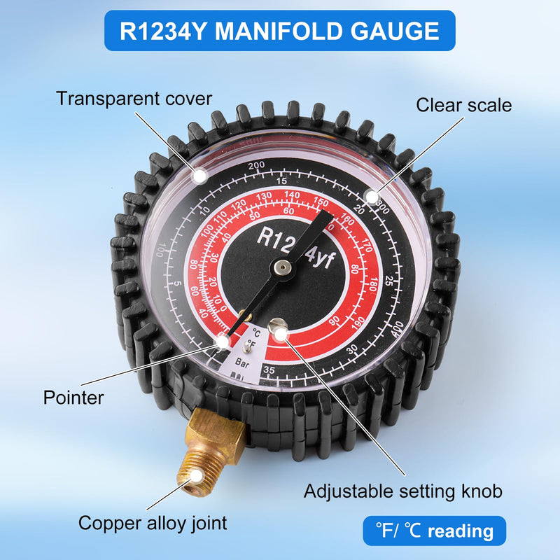 R1234YF Refrigeration Pressure Gauge, High and Low Manifold Gauge Kit with 1/8" Male NPT Lower Mount, 500 PSI, 80mm R1234YF Air Conditioning Refrigerant Recharge Pressure Gauge