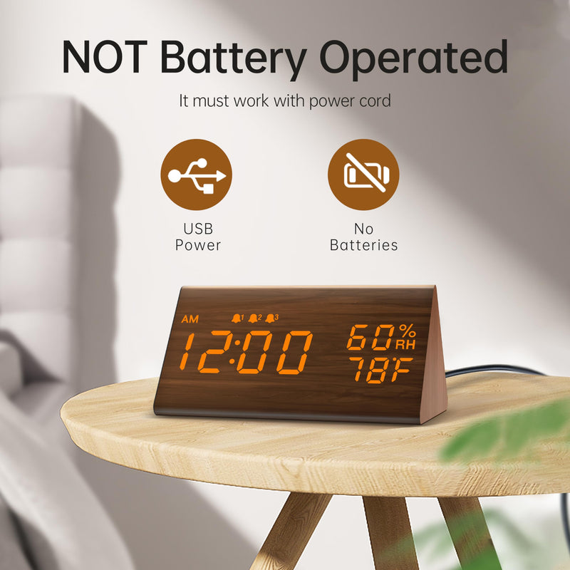 JALL Digital Alarm Clock, with Wooden Electronic LED Time Display, 3 Alarm Settings, Humidity & Temperature Detect, Wood Made Electric Clocks for Bedroom, Bedside (Brown) Brown