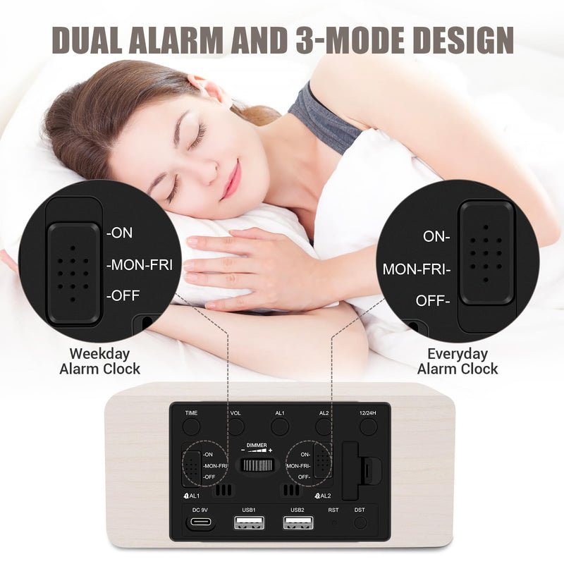 Wooden Digital Alarm Clock, 10W Fast Wireless Charger Station & 2 USB Charging Ports, with 0~99% Dimmer, Dual Alarm, Weekday/Weekend Mode, Wood LED Clock for Bedroom, Desk, Office White