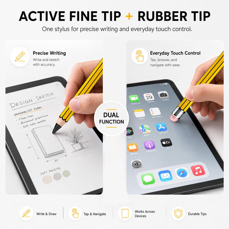 HATOKU Pencil Style Stylus Pen for Apple iPad 2018-2026, No Bluetooth Setup | 18-min Fast Charge for Notes, Sketching, and Class Tasks, Rubber End for Touchscreen Device, Tilt Sensitivity, Palm Rejection yellow black