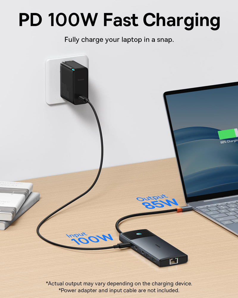 Baseus Docking Station Dual Monitor 10Gbps 10 in 1 USB C Hub with 2 HDMI | Single 4K@120Hz, Dual 4K@ 60Hz, 10Gbps USB C and USB A, Gigabit Ethernet, PD 100W, SD/TF for iPhone 17/Mac/Dell/HP/Lenovo