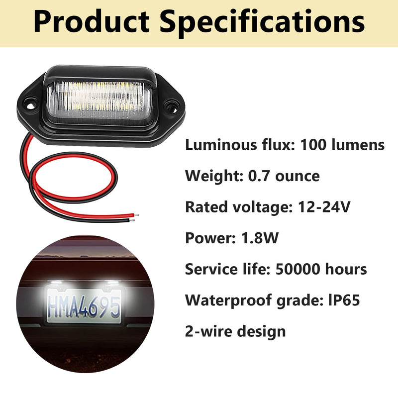 2 PCS White LED License Plate Light, 6-SMD Waterproof Tag Lights, 12V-24V DC Lamp Taillight, Step Courtesy Light Dome Cargo Lights for Truck SUV Van RV Trailer