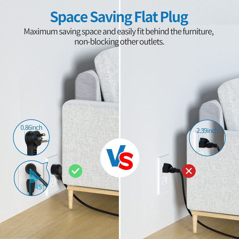 Flat Plug Extension Cord 25 Ft, NTONPOWER Ultra Thin Flat Extension Cord Under Carpet, Rug, Door, 3 Outlets Power Strip with 3 USB (1USB-C), Wall Mount,Overload Protection for Home Office, Black