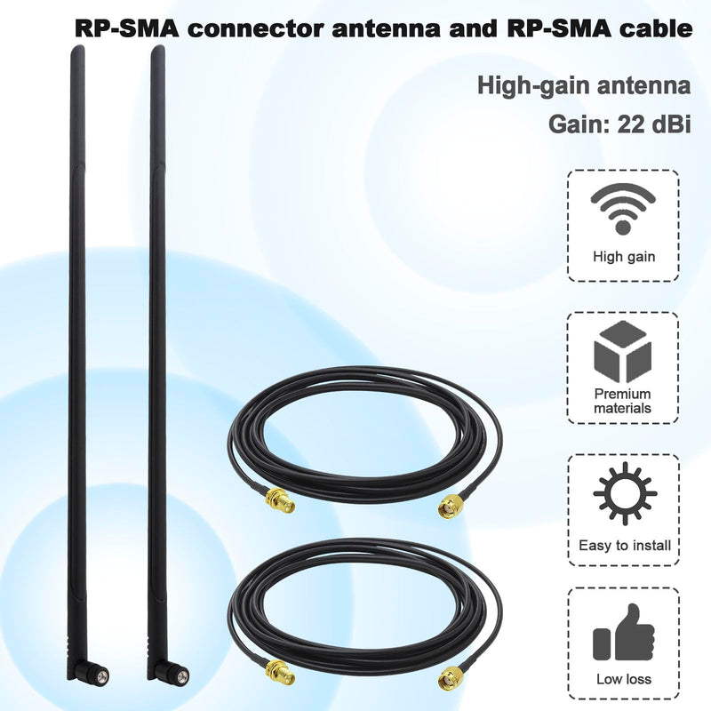 External WiFi Bluetooth Antenna 22DBI Long Range MIMO RP-SMA Male Aerial Antenna and 10FT RP-SMA RG174 Extension Cable for Wireless Router Network Devices PC Camera USB Adapter 2pcs