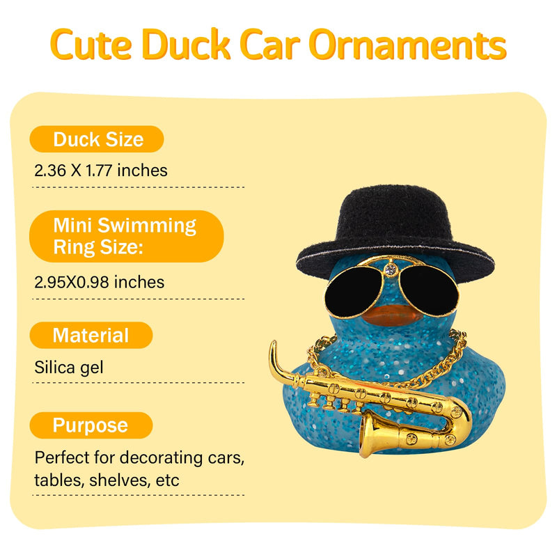 wonuu Car Dashboard Ducks, Saxophone Decor Rubber Duck Car Ornaments with Mini Top Hat Necklace Sunglasses (Light Blue) Glitter Light Blue