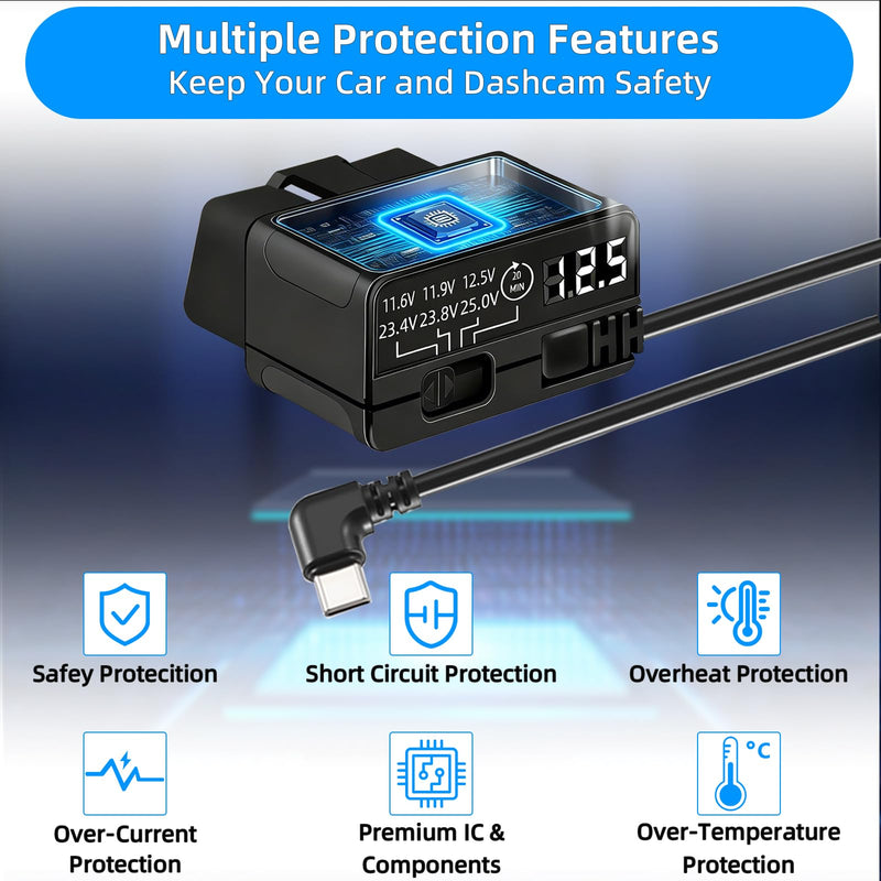 OBD2 to USB C Power Cable for Dash Cam, Plug and Play Dashcam Hardwire Kit with LED Voltmeter, 4-Level Low Voltage Protection (11.6V/11.9V/12.5V/20min), 12V-24V to 5V/3A for Parking Mode, 11.5ft/3.5M 350 centimeters Black