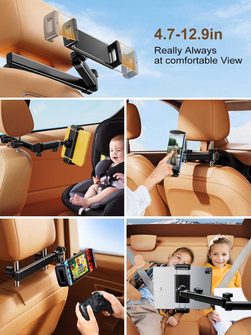 Headrest Tablet Holder, Car Headrest Tablet Stand, Extension Arm Car Back Seat Mount Tablet Holder for Kids, Compitible with 4.7-12.9" Tablet iPad Pro, Air, Mini, Galaxy, Fire