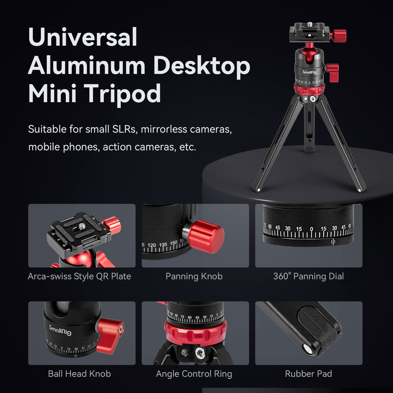 SmallRig Desktop Mini Tripod for Camera/Phone, Aluminum, Load up to 11lbs | Aluminum Alloy, with 360 Degree Ball Head, 1/4'' Quick Shoe Plate for Vlogging DSLR Camera Video, Load up to 11 pounds 2