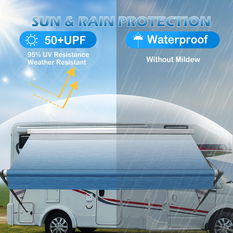 RV Awning Fabric Replacement - Heavy-Duty 19oz Awning Replacement for Camper, Trailer & Motorhome | RV Awning Fabric with with 5 Hooks| Weatherproof Outdoor Canopy 16' (Fabric 15'2") - Blue Fade 16FT(Fabric15'2'') Bule Fade