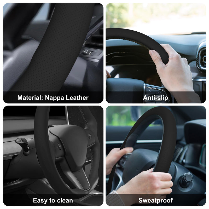 frani Nappa Leather Steering Wheel Cover, Universal 15 Inch Premium Non-Slip Steering Wheel Cover Black