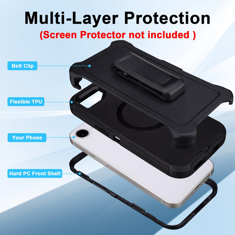 for iPhone 17e Case with Belt Clip Holster, Compatible with MagSafe, Black | Heavy Duty Rugged Defender Cover for iPhone 17e, 3-Layer Shockproof Anti-Drop Durable Works Outdoors Protective Case