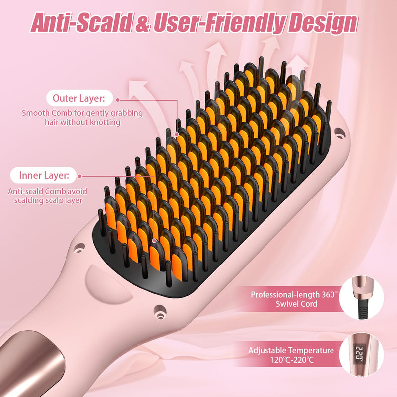  [AUSTRALIA] - Hair Straightener Brush, Portable Travel Straightening Brush Heated Styling Hot Brush for Women, 6 Temps (120℃~220℃) LED Display, Fast Heating Hot Air Styler for Hair Styling(Pink) Pink