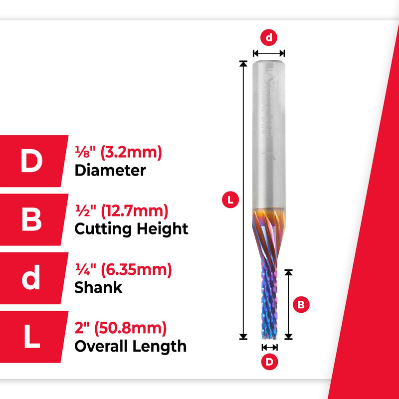 Amana Tool Spektra Coated Solid Carbide CNC Carbon Graphite Carbon Fiber Panel Cutting Router Bit Down-Cut, 46008-K, 1/8 D x 1/2 CH x 1/4 Shk x 2 L 1/8 inch x 2 inches