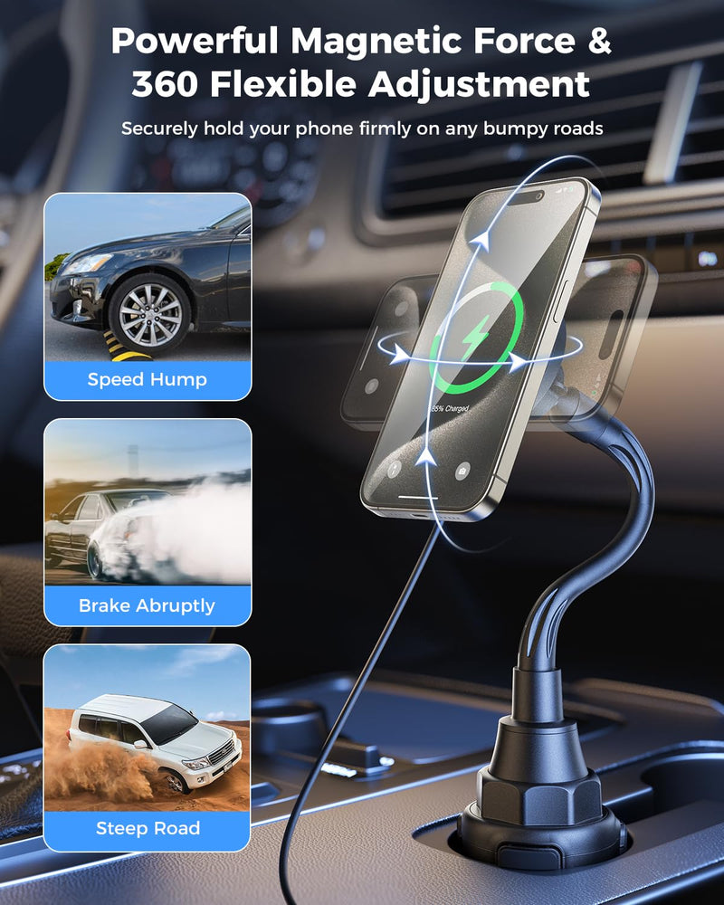 15W MagSafe Car Charger Cup Holder Mount for iPhone | MagSafe Car Mount Charger 15W Fast Charging with Adjustable Gooseneck for iPhone 17 16 15 14 Pro Max Plus Mini MagSafe Case