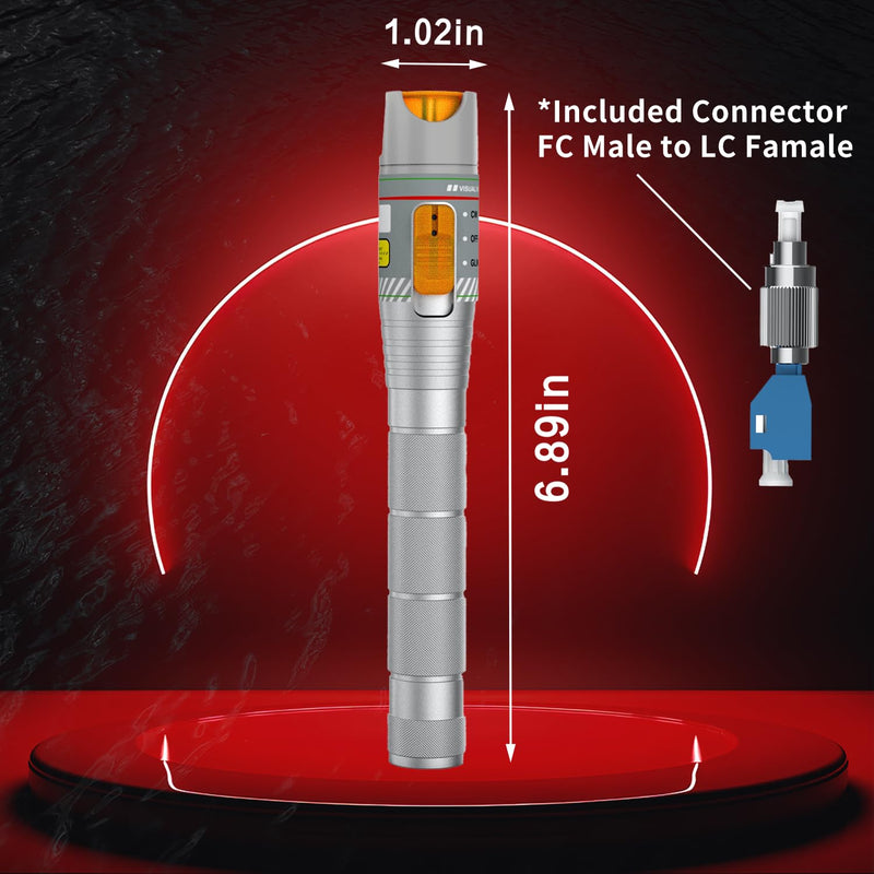 Fiber Visual Fault Locator with FC/LC Adapter Kit, VFL Include Single Mode 9/125um FC Male to LC Female Connector, Red Light Pen for CATV Telecommunications Engineering Maintenance Sliver VFL-50 Pro 1