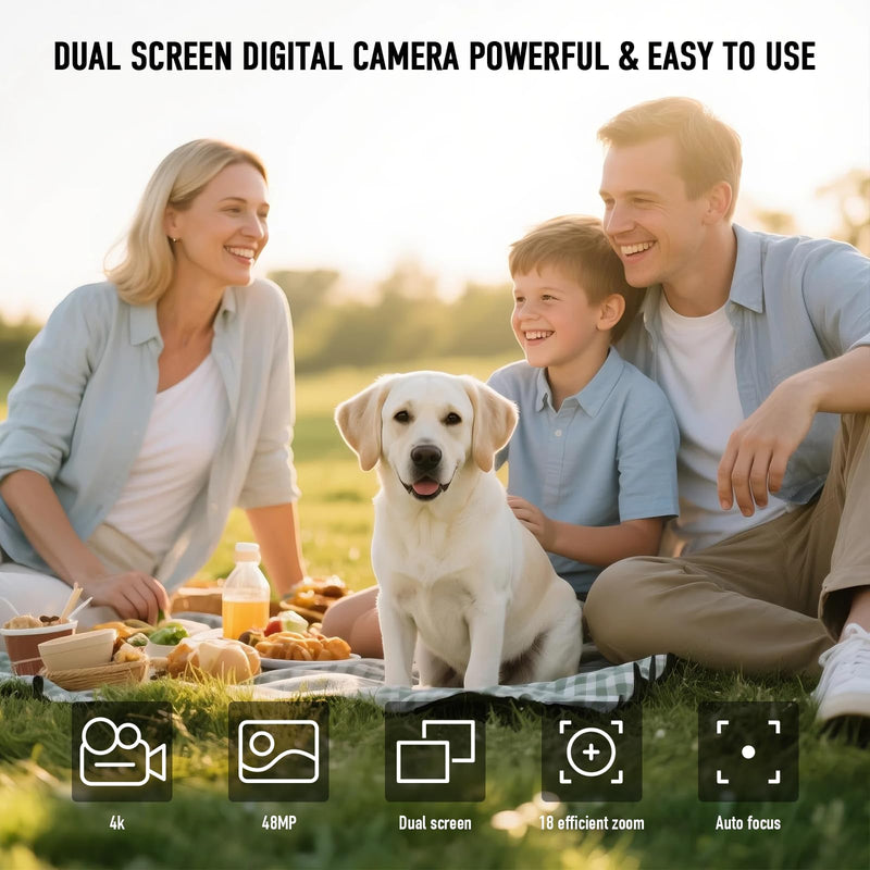 Digital Camera, 4K 48MP Autofocus Dual Screen for Selfies, 18X Zoom Fill Light, Portable Point and Shoot Travel Camera for Kids, Teens, Girls, Boys (SD Card Not Included)- Pink