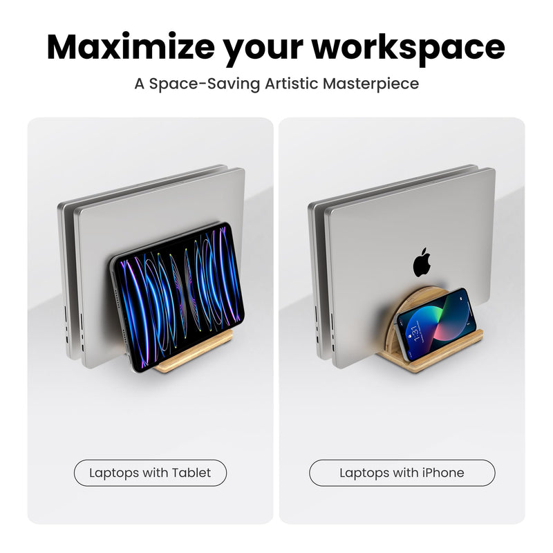 Kothar Premium Wood Vertical Laptop Stand - Adjustable Dual Slot Bamboo Holder for MacBook, Dell, HP, and More | Space-Saving Desktop Organizer | Eco-Friendly, Sleek & Durable Design Natural