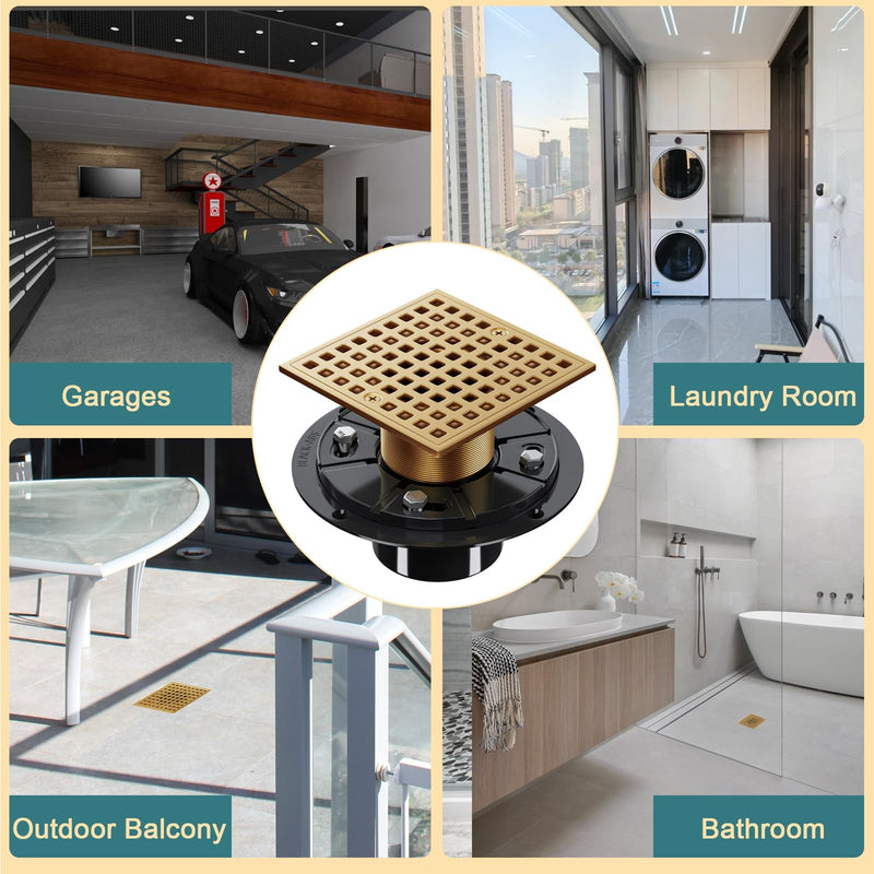 Shower Drain 4-1/4 Inch - Square Shower Floor Drain Kit with ABS Flange for 2" or 3" Pipe, SUS304 Stainless Steel Drain with Hair Strainer,Removable Strainer Cover, Champagne Bronze
