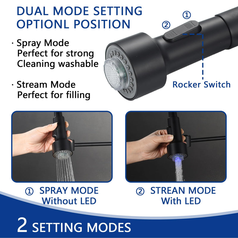 kitchen faucet LED spray head，3-Function Prevent burns spray head，9/16-13/16 IN standard size adapter, replacement sink pull-down faucet, spring single handle faucet(Matte black) Matte Black