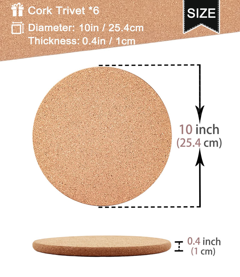 Cork Trivet, 6 Pcs High Density Thick Cork Trivets for Hot Dishes, 10 Inch Heat Resistant Multifunctional Coaster, Hot Pads for Table & Countertop 6 Pcs, 10"