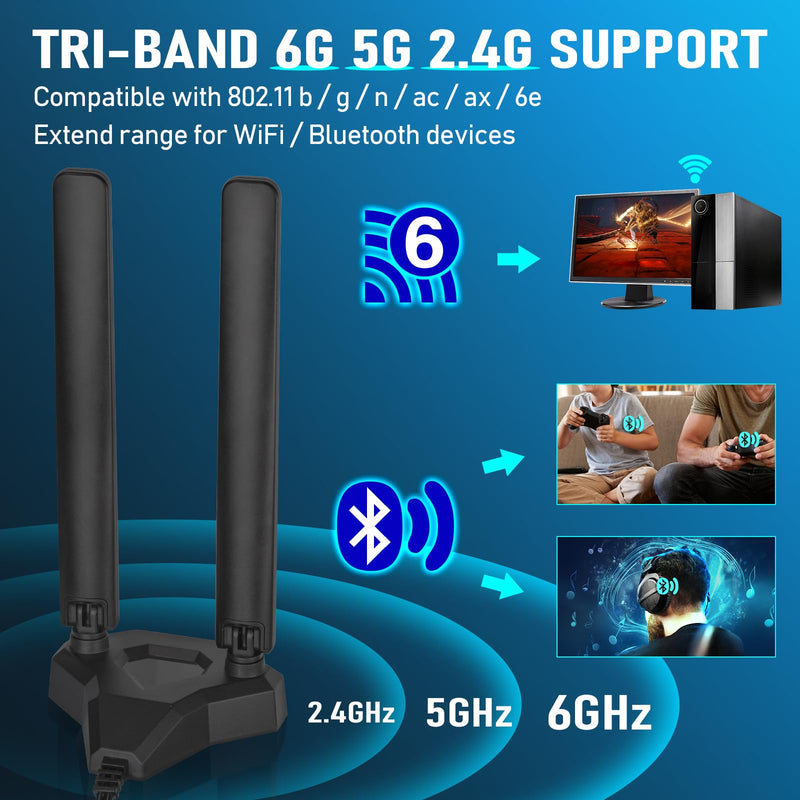 Eightwood WiFi 6E Tri-Band Antenna 6GHz 5GHz 2.4GHz Gaming WiFi Antenna Magnetic Base with 6.5ft Extension Cable for PC Desktop Computer PCIe WiFi 6E Card, Router 5dbi wifi 6e antenna