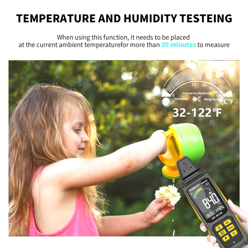 5-in‑1 EMF Detector, Electromagnetic Field Radiation Detector for EF, RF, MF, WiFi,5G Signal, Temperature/Humidity Measurement, Rechargeable EMF Meter for Home, Office, and Paranormal Investigation Yellow