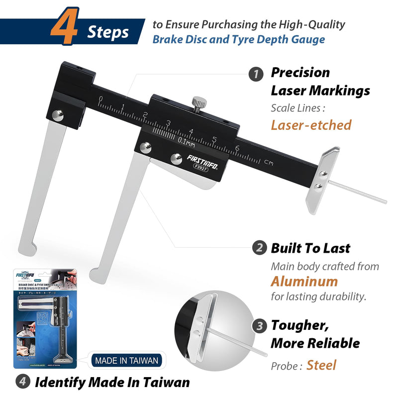 FIRSTINFO F3927 Taiwan Manual Auto Brake Disc Depth Gauge, Tire Tread Depth Measuring Caliper, 0-60mm Metric Gauge Ruller