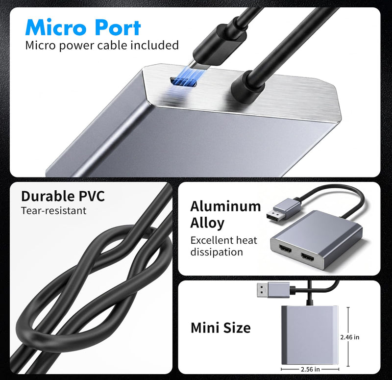 DisplayPort to Dual HDMI Adapter 1 in 2 Out, 4K@60Hz DP to HDMI Splitter for Dual Monitors, Extended Display MST Hub for Windows PC, NVIDIA/AMD Graphics Card [Mac OS Mirror Only]