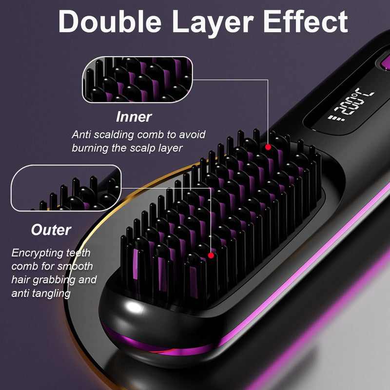 Glow Wave Heated Brush for Short Hair, Go Brush Pro Cordless Straightener,2026 Hot Comb Hair Straightener Brush,Portable Cordless with 3 Heat Settings & LED Screen for Travel and Frizz-Free Styling