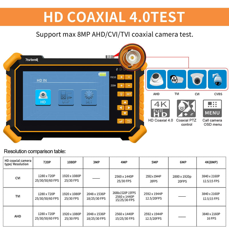 Rsrteng CCTV Tester Monitor Auto HD Coaxial Camera Tester 4K 8MP TVI/CVI/AHD/CVBS Analog Video Monitor 4.3 inch TFT-LCD Screen PTZ Control RS485 Call OSD Menu Audio DC12V Power Output Yellow