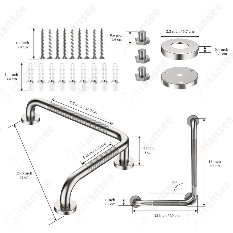 L-Shaped Angled Grab Bar 12x16 Inch Brushed Nickel Anti-slip Knurled Shower Handle Wall Mount, Stainless Steel Shower Bar for Seniors Injured Balance Support, Handicap Grab Bars for Bathtubs & Showers