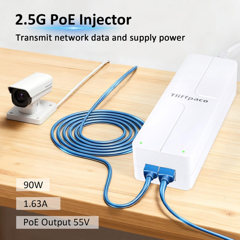 PoE++ Injector 2.5Gb 90W 55V, Transmit Network Data and Supply Power, 802.3af/at/bt Compliant, Plug & Play, Up to 100m(328 ft), Suitable for PTZ HD IP Cameras with Heaters/POS Machine/AP