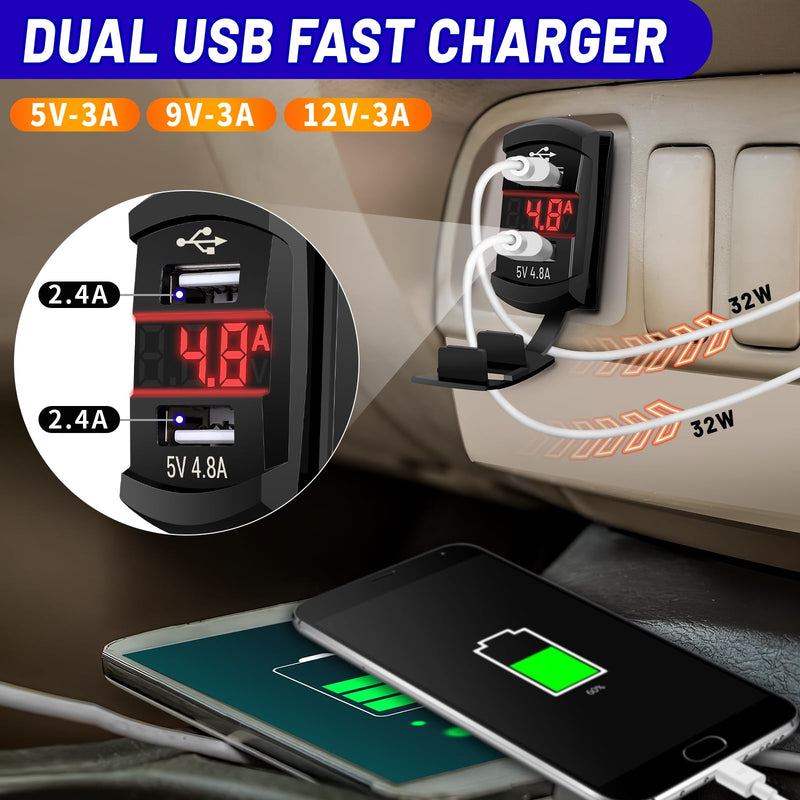 Rocker Switch USB Charger with New Updated Ammeter and Voltmeter Universal Fits Rocker Switch Panel 12V 24V Dual USB Charging Port Outlet for RV Cars Marine Boats ATVs Trailers Dual USB Current-voltmeter Red