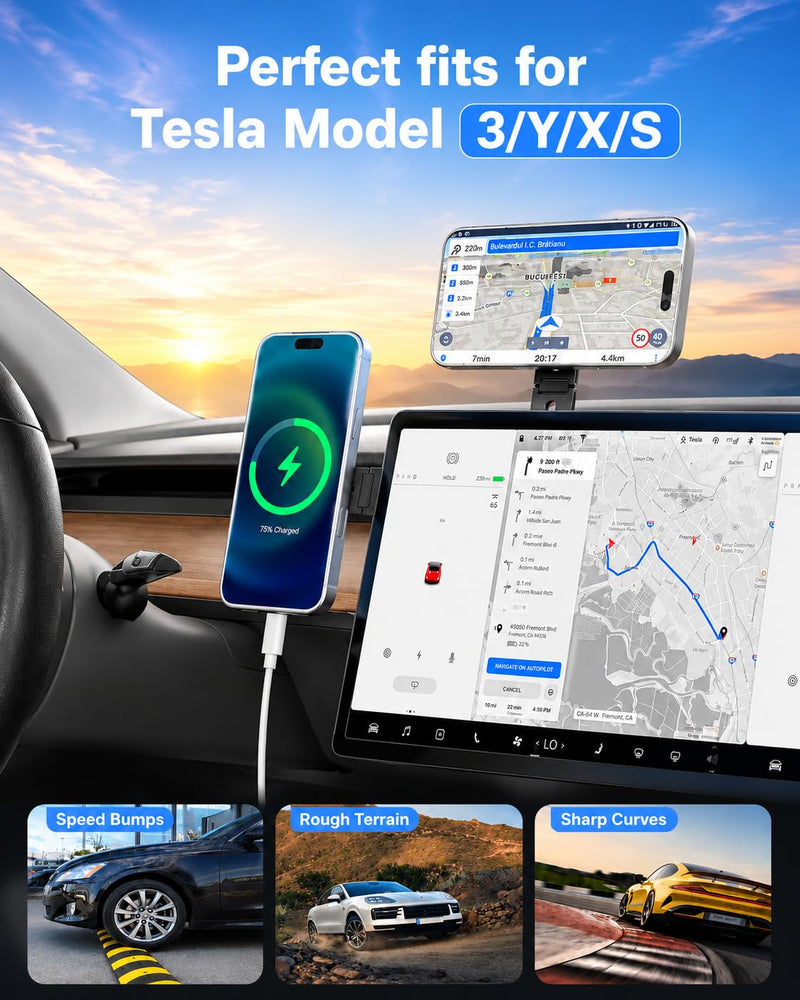 Tesla Phone Mount for Magsafe: Tesla Car Phone Holder for Tesla Model 3/Y Accessories 【Strongest N52 Magnet + 360° Adjustable】 Foldable Hidden Car Mount Magnetic iPhone & Android