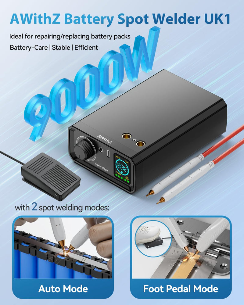 9000W Battery Spot Welder, Rotary Knob Operation 100 Gears Adjustable Foot Pedal Operated, 0.1-0.3mm Spot Welder with Dual Pulse Output, Portable Spot Welder for Making DIY Battery Packs (UK1) UK1