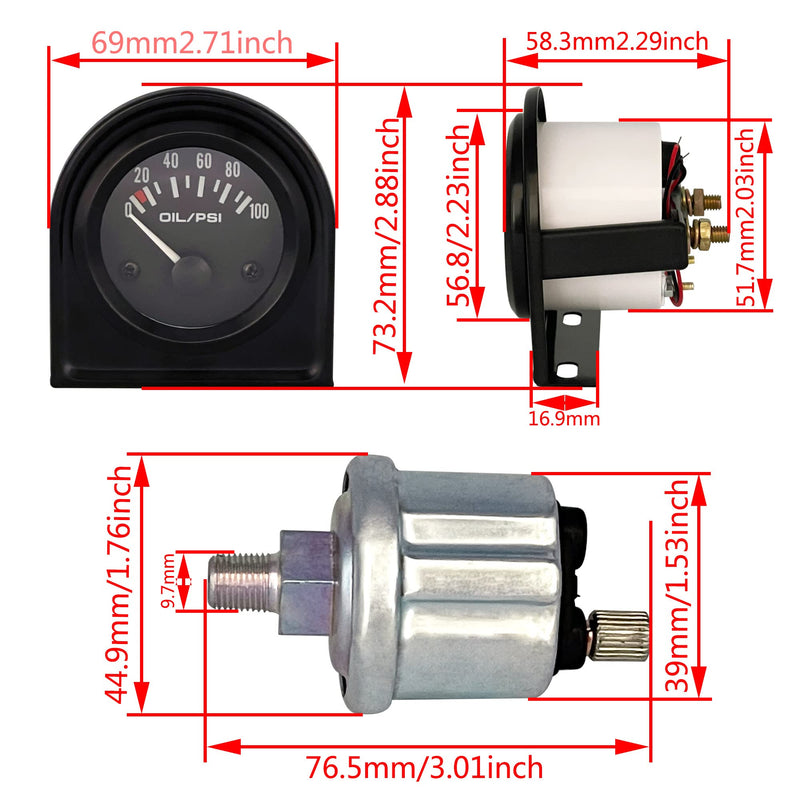 52mm 2 Inch Oil Pressure Gauge Meter Kit with Sensor Instrument Rack 100 PSI 12V Black Dial