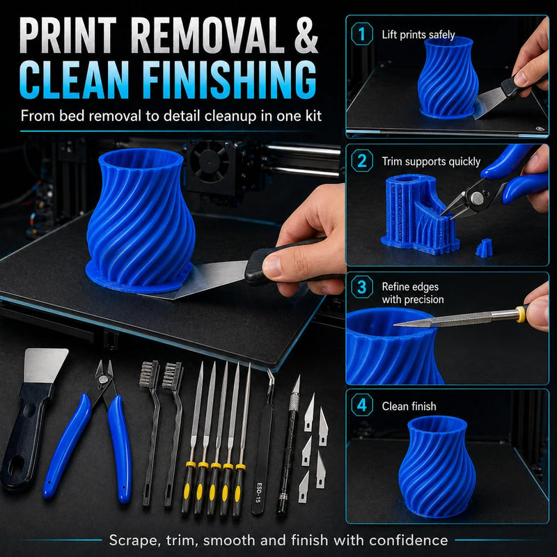 3D Printer Tool Kit Accessories - 58 Pcs Solve 99% Print Failures Clean Maint - with Scraper Brush Pliers Needles Cutter Pouch - for Unclog Nozzle Support Removal Model Finish - for All FDM Printers